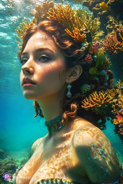 Experience the majesty of the ocean through the eyes of a goddess. This AI-generated vision of underwater elegance shows a mythological queen ruling her watery domain with grace and power. #UnderwaterGoddess #MythicalArt #StableDiffusion Ocean Mythology, Underwater Goddess, Mer Folk, Ocean Goddess, Sea God, Sea Goddess, Goddess Of The Sea, Underwater Theme, Ocean Girl