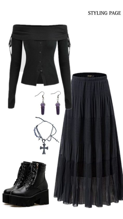 Long Witchy Skirt, Modern Witch Outfit Aesthetic, Long Black Skirt Outfit Aesthetic, Modest Goth Outfit, Whismgothic Outfits, Goth Witch Outfits, Outfit Whimsigothic, Fall Witchy Outfits, Whimsical Goth Fashion