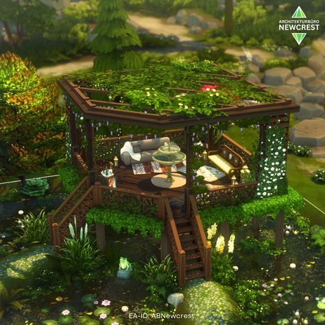 My Sims partner here on Instagram is celebrating her 300 follower milestone with a shell challenge - congratulations, @alesia_plays! 🎉🍾🎊 The challenge's theme is "water". So I decided to turn the room into an overgrown garden pavilion at a pond in Copperdale. With lots of plants, books, light and surrounded by nature. And if you now wanna point out that books from an overgrown bookcase most likely will be moldy and unreadable and that there will be mosquitos everywhere - I can't hear you! 😂... Sims 4 Nature House, Sims 4 Overgrown Cc, Sims Pond Ideas, Sims Garden Ideas, Sims 4 Jungle House, Sims Landscaping, The Sims 4 Garden Ideas, Sims Bar, Sims 4 Botanist