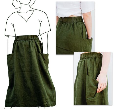 Free PDF Sewing Pattern: Create a comfortable and stylish relaxed-fit skirt with a midi length, elasticated waist, and spacious patch pockets. Linen Skirt Pattern Free, Elastic Skirt Pattern, A Line Skirt Pattern Free How To Make, Plus Size Skirt Pattern, Simple Clothing Patterns, Easy Sewing Skirt, Simple Skirt Pattern Diy, Plus Size Patterns For Women Free, Midi Skirt Pattern Free