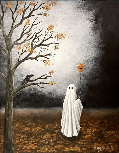 Ghost Oil Pastel, Spooky Halloween Canvas Painting, Ghost In The Woods Painting, Ghost Cover Photo, Spooky Things To Paint, How To Paint Ghosts, Sheet Ghost Painting, Painting Ideas On Canvas Fall Aesthetic, Simple Ghost Painting