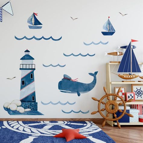 Yovkky Kids Nautical Lighthouse Whale Boat Wall Decals Stickers, Blue Coastal Ocean Sea Life Animals Seagull Waves Nursery Decor, Home Baby Room Playroom Decoration Boys Girls Neutral Bedroom Art Gift Nautical Kids Bedroom, Cute Ships, Nautical Theme Nursery, Ocean Bedroom, Kitten Decor, Boat Theme, Wall Stickers For Kids, Boat Wall, Kids Bedroom Inspiration