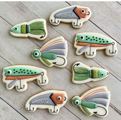 Baby Birthday Cookies, Fishing Cookies, Camping Cookies, Fishing Themed Birthday Party, Birthday Themes For Adults, Hunting Cake, Fish Cookies, Cookie Craft, Sugar Cookie Royal Icing