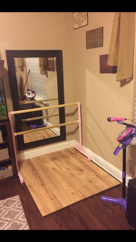 Diy Tap Floor, Diy Free Standing Ballet Barre, Ballet Barre Bedroom, Diy Ballet Barre And Mirror, Home Ballet Barre, Home Ballet Studio, Ballet Barre At Home, Diy Portable Ballet Barre, Ballet Mom