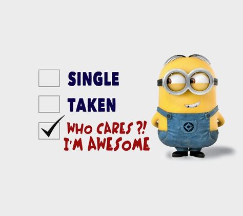 Single, taken, who cares, I'm awesome Minion Minion Memes, Funny Minion Pictures, Funny Minion Memes, Minion Pictures, Minion Jokes, Whatsapp Videos, Minions Love, Pikachu Wallpaper, A Minion