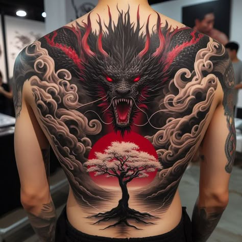 Japanese Demon Back Tattoo, Japan Back Tattoo, Dragon Back Piece, Back Dragon Tattoo, Dragon Tattoo Full Back, Back Piece Tattoo Men, Cool Dragon Pictures, Dragon Back Tattoo, Tato 3d