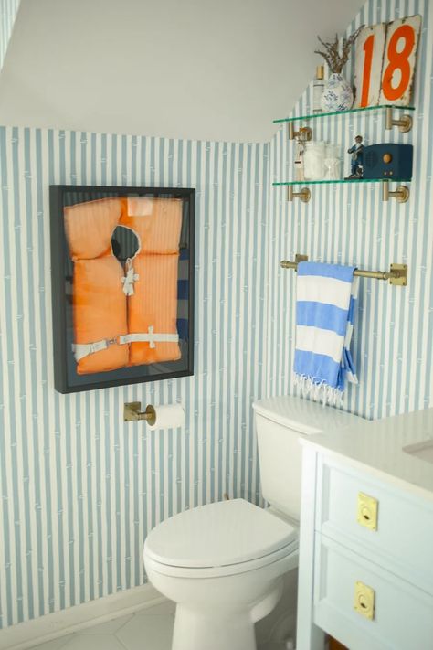 One Room Challenge Week 6: Stripe Powder Room Renovation Reveal - PrepFord Wife Design Airbnb, Powder Room Renovation, Nautical Bathroom, Preppy Life, Lake Oconee, River Cottage, Week Challenge, Floor Bathroom, Cape House