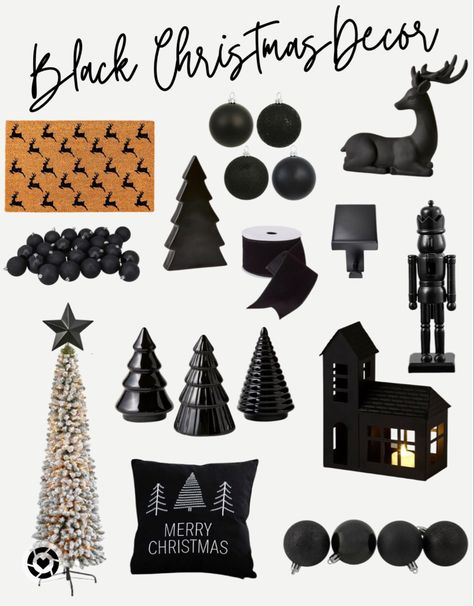 Black White And Tan Christmas Decor, Christmas Decor Ideas For Living Room Black And White, Black And Gray Christmas Decor, Black Wood Christmas Tree, Black White And Grey Christmas Decor, Black Metallic Wood Christmas, Black And Natural Christmas Tree, Black White Christmas Tree Decorations, Flocked Christmas Tree Black Ornaments