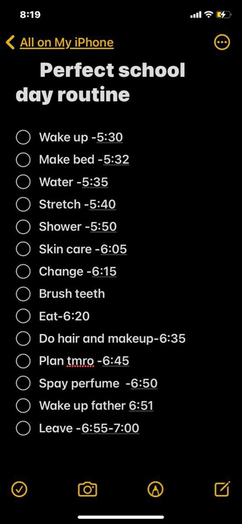 Perfect morning routine for school personalplanner #plannerpeace #darkmodeplanner First Day Of Period Routine, Times To Wake Up For School, Before First Day Of School Routine, Routine For School Days, Perfect Morning Routine For School, School Morning Routine 5 Am, Study Planner Ideas, Routines Ideas, Day Before School