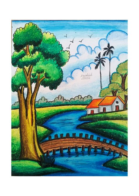 Sinari Drawing Easy, Easy Nature Scenery Drawing, Easy Drawings For Beginners With Color, Natural Seen Drawing With Colour, A Scenery Drawing, Easy Drawing Of Nature, Natural Senary Drawing, Nature Drawings Landscapes, Easy Landscape Drawing Oil Pastel