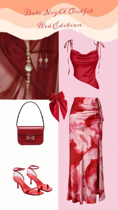 Date night Outfit in red satin Red Romance Aesthetic, Red Date Night Outfit, Date Night Outfit Red, Outfit Date Night, Outfit Date, Outfit Red, Red Dates, Church Outfits, Red Outfit