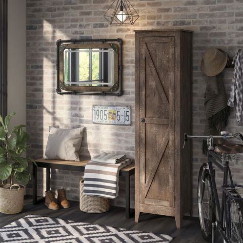 Whether you are updating your bedroom or starting a mudroom-like entryway, this shelving cabinet and mirror set will create the rustic style you're looking for. Rustic Bedroom Sets, Shelving Cabinet, Barn Door Cabinet, Wood Shelving, Wood Armoire, Rustic Entryway, Oak Shelves, Metal Frame Mirror, Reclaimed Oak