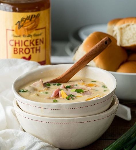 Cheesy Ham Potato Soup, Cheesy Ham And Potato Soup, Chicken Broth Recipes Soup, Ham Potato Soup, Ham Soup Recipes, Ham And Potato Soup, Cheesy Ham, Ham Potato, Comforting Soup