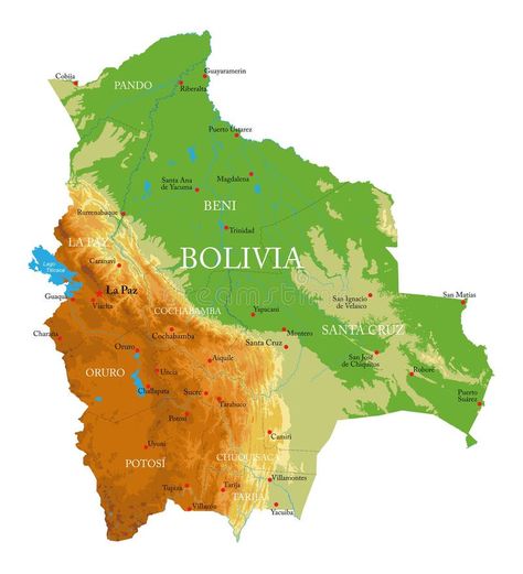 Bolivia-highly detailed physical map. Highly detailed physical map of the Bolivia,in vector format,with all the relief forms,regions and big cities royalty free illustration Bolivia Map, America Outline, Ecuador Map, Russia Map, Poland Map, Vietnam Map, Physical Map, Mountain Silhouette, America Map