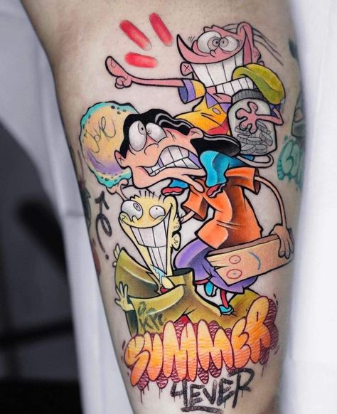 90s Cartoon Tattoos Sleeve, Cartoon Network Tattoo Ideas, Cartoon Network Tattoo, 90s Tattoo Ideas, Light Tattoos, Cartoon Legs, Casino Tattoo, Mangas Tattoo, 90s Tattoos