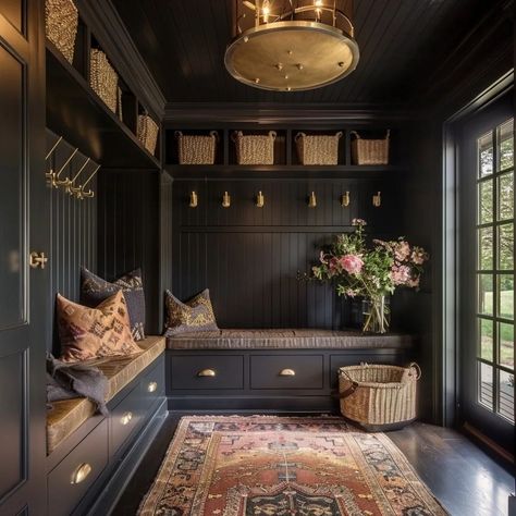 Colour Drenched Mudroom 🖤 . Design. @cielo.and.oak #rendering #render #mudroom #colourdrenching #shiplap #aiinteriordesign #aidesign #midjourney #luxuryhomes #luxuryinteriors #interiordesign #interiordesigner #interiorforinspo #yyj #yyjdesigner #yyjbusiness #womeninbusiness Entry Room Design, L Mudroom, Fancy Mudroom, Mudroom With Fireplace, Mudroom Blue, Black And Wood Mudroom, Brown Mudroom, Modern Rustic Mudroom, Dark Moody Mudroom