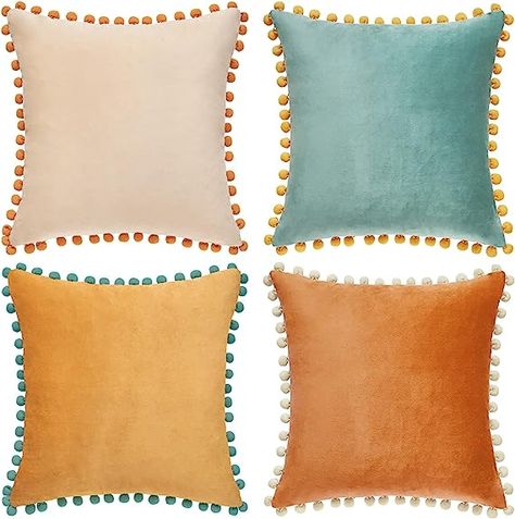 Amazon.com: MONDAY MOOSE Decorative Throw Pillow Covers Cushion Cases, Set of 4 Soft Velvet Pom Poms Double-Sided Designs, Mix and Match for Home Decor, Pillow Inserts Not Included (18x18 inch, Orange/Teal) : Home & Kitchen Throw Pillow Fabric, Yellow Sofa, Yellow Throw Pillows, Velvet Set, Teal Velvet, Orange Throw Pillows, Orange Decor, Orange Velvet, Orange Pillows