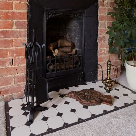 Fireplace Tiling, Faulty Towers, Tiled Hearth, Herringbone Fireplace, Fire Hearth, Fireplace Hearth Tiles, Fireplace Hearths, Victorian Fireplace Tiles, Updated Victorian