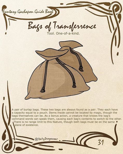 Bags of Transference! Remember to support #thezonecast, the source of these cool items’ descriptions! (yes, I already know about the typo,… Fantasy Costco, Homebrew Items, Dnd Homebrew, Magical Items, Dungeon Master's Guide, D D Items, Dnd Funny, Writing Fantasy, Dnd 5e Homebrew