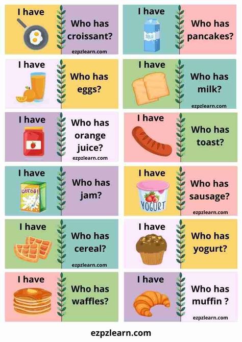 Free Printable I have Who has English game Breakfast Food worksheets for ESL teachers using for kindergarten, preschool and so on you can either download or print directly from our website. I Have You Have Game Free Printable, Esl Class Activities, I Have Who Has, Esl Speaking Activities For Kids, Food Worksheets For Kids, I Have Who Has Games Free, The Food We Eat Worksheet, Esl Games For Kids Teaching English, Esl Food Activities