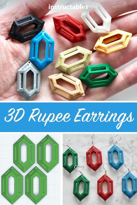 These 3D printed earrings are inspired by the rupees in the video game Legend of Zelda. Designed in Tinkercad, you print them in pieces that easily glue together. #3Dprint #jewelry #game #gaming #geometric #fashion 3d Print Game Pieces, Zelda Video Games, 3d Printed Earrings, 3d Printer Projects, Library Activities, Wholesale Gifts, 3d Printing Projects, Printed Jewelry, Adult Crafts