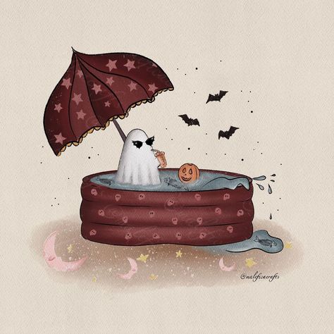 Spooky Cute Painting, Summer Ghost, Halloween Summer, Cute Halloween Paintings On Canvas, Cute Ghost Art, Spooky Canvas Painting Ideas, Cute Spooky Art, Spooky Illustration Dark, Cute Goth Illustration