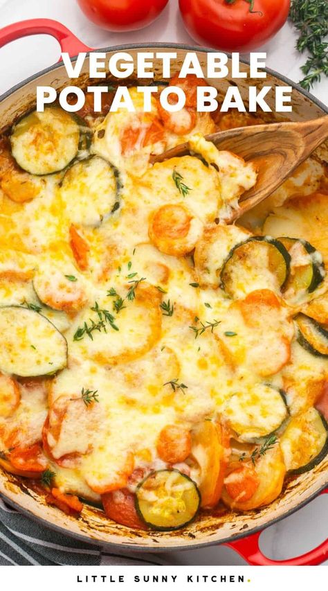 This Vegetable Potato Bake is a versatile side dish that goes well with so many meals. It's easy, tasty, and topped with melty cheese. Potato Tomato Zucchini Bake, Veggie Meals Easy, Veggie Potato Bake, Potato Vegetable Gratin, Veggie Bakes Recipes, Potato And Veggie Bake, Veggie Potato Recipes, Vegetarian Potato Dishes, Veggie Supper Ideas