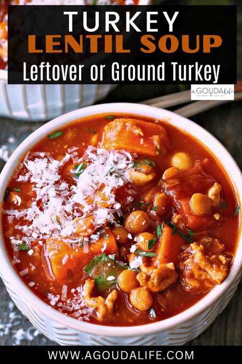 Turkey Lentil Soup - leftover or ground turkey - delicious, hearty protein-packed soup loaded with vegetables and lentils in a rich tomato broth. #turkeylentilsoup #turkeysoup #leftoverturkeyrecipe #lettoverturkeysoup #groundturkeysoup #groundturkeyrecipe #bestturkeysoup #healthyturkeysoup #bestturkeyleftover #agoudalife Lentil And Ground Turkey Recipes, Best Turkey Soup, Turkey Lentil Soup, Turkey Lentil, Ground Turkey Soup, Lentil Vegetable Soup, Leftovers Soup, Tomato Broth, Leftover Turkey Recipes