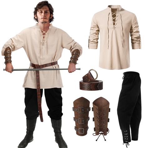 PRICES MAY VARY. 【Halloween Medieval Role Play Costumes Set】the set includes 1 cotton retro style lace long sleeve shirt for medieval, 1 pair of renaissance gothic trousers, 1 medieval knight's belt and 1 pair of leather buckle wrist guards, nice for Halloween cosplay party 【Authentic Vintage Design】the shirt is embellished with small vintage textured patterns on the fabric, giving it a distinctive and stylish look; The Chinese collar, drawstring and adjustable sleeves add a retro atmosphere; Wh European Medieval Fashion, Medieval Dress Men, Medieval Times Outfit Men, Medieval Pirate Outfit, Mens Fantasy Clothing, Peasant Clothes Male, Midevil Outfits Man, Male Ren Faire Costume, Knight Outfit Men