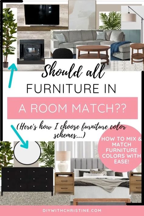 Matching Furniture Living Room, How To Mix And Match Furniture, Mixed Color Furniture In Bedroom, How To Mix And Match Coffee And End Tables, Mixing Painted Furniture In A Room, Mismatch Living Room Furniture Mix Match, Mismatched Furniture Living Room, Mixing Furniture Colors, Living Room Furniture Colors