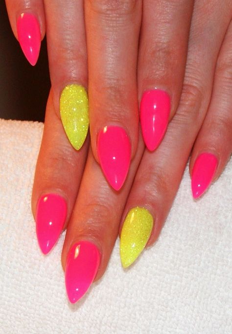 Neon Fake Nails, Neon Pink And Yellow Ombre Nails, Pink And Yellow Glitter Nails, Neon Yellow Glitter Nails, Neon Pink And Neon Yellow Nails, Neon Pink Yellow Nails, Bright Pink And Yellow Nails, Hot Pink And Neon Yellow Nails, Neon Glitter Nails Summer