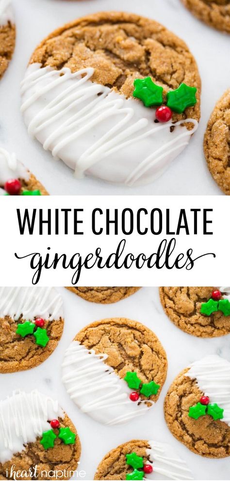 White Chocolate Dipped Gingerdoodles - So soft and full of flavor! The ultimate Christmas cookie! #gingerbread #cookies #cookierecipes #cookiedecorating #cookieart #christmas #christmascookies #christmasrecipes #recipes #iheartnaptime White Chocolate Gingerbread Cookies, Chocolate Gingerbread Cookies, Cookie Gingerbread, Molasses Cookies Recipe, Chocolate Gingerbread, Ginger Molasses Cookies, Molasses Cookies, Xmas Cookies, Ultimate Christmas