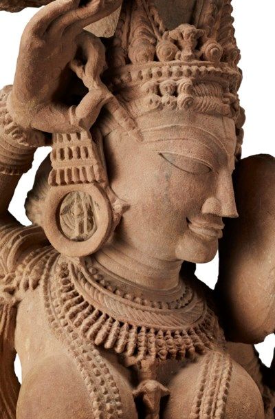 A RARE BUFF SANDSTONE FIGURE OF A SALABHANJIKA CENTRAL INDIA, MADHYA PRADESH OR UTTAR PRADESH, 11TH CENTURY 34 in. (86.4 cm.) high Historical Sculptures, Indian Literature, Ancient Indian Art, Asian Sculptures, Indian Temple Architecture, Ancient Statues, Indian Sculpture, Temple Art, Ancient Sculpture