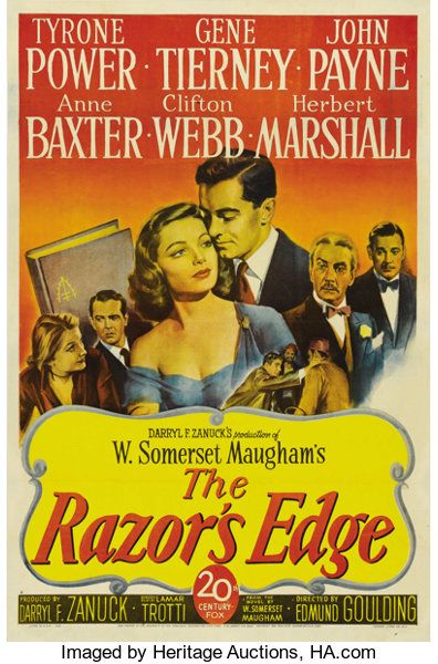 Movie Posters:Drama, The Razor's Edge (20th Century Fox, 1946). One Sheet (27" X 41")Style A. Tyrone Power plays a disillusioned World War I vet... Old Movie Poster, The Razors Edge, Gene Tierney, Tyrone Power, Old Movie Posters, Film Vintage, Old Movie, Classic Movie Posters, Cinema Posters