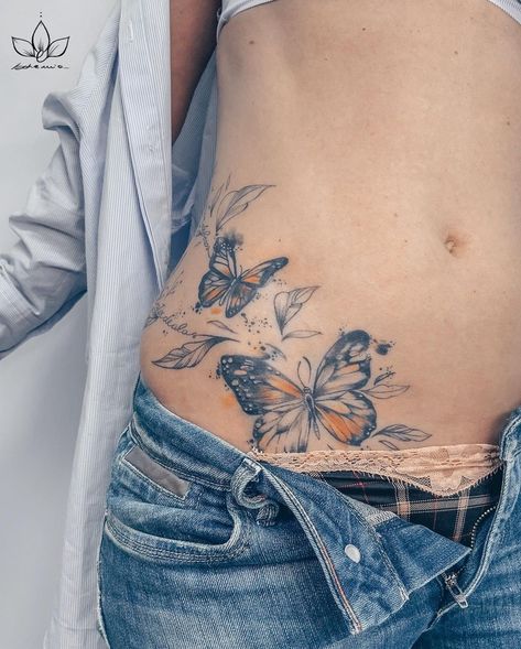 Erica Arte Bohemia on Instagram: “#healedatattoo 🦋 . Just when the caterpillar thought the world was over, it became a butterfly 🐛 . Elegant free hand cover up for this…” Butterfly Hip Bone Tattoo, Butterfly Tattoo On Lower Back, Butterfly Hip Tattoo, C Section Tattoo, Tattoo On Hip Bone, Just When The Caterpillar Thought, Butterflies In My Stomach, Bone Tattoos, Butterfly Tattoos