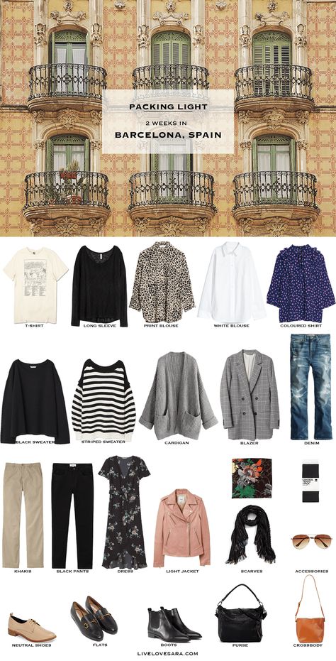 What to Pack for Barcelona, Spain - This could easily cover you for a full semester! Spain Packing List, Spain Outfit Ideas, Spain Travel Outfits, Barcelona Trip, Outfits For Spain, Spain Outfit, Light Travel, Travel Capsule, Travel Capsule Wardrobe