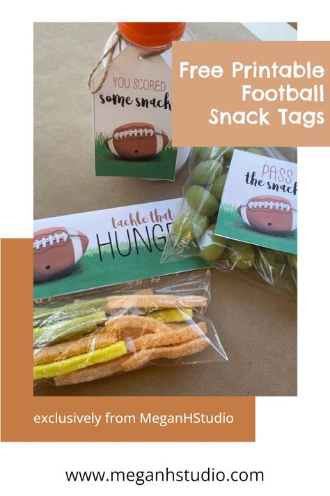 monday night football watch party ideas, football party snack ideas, football snacks, free printables, snack tags, team parent, football mom, football coach, youth football, rec football snacks, football birthday party ideas #footballsnacks #footballsnackideas #footballpartysnackideas #teamsnackideas #teamparent #footballmom #meganhstudio #freeprintables #snacktags #football #areyoureadyforsomefootball Football Spirit Treat Ideas, Flag Football Snacks, Football Game Snacks For Players, Kids Football Snacks, Football Watch Party Ideas, Football Snack Ideas, Football Team Snacks, Football Goody Bags, Football Themed Snacks