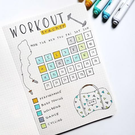 Keep track of your fitness goals with these workout tracker for your Bujo #anjahome #workouttracker #BuJo #bulletjournal Bullet Journal Sport, Bullet Journal Page, Penanda Buku, Bullet Journal Spreads, Tracker Fitness, Bullet Journal How To Start A, Bullet Journal Tracker, Self Care Bullet Journal, Bullet Journal Notebook