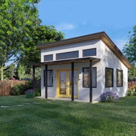 mighty small homes modern model accessory dwelling unit ADU Modern Carriage House, Prefab Adu, Tiny Home Kits, Stillwater Dwellings, Small Prefab Homes, Tiny House Blueprints, Kitchen Tiny House, Floor Plans Tiny House, Timber Frame Cottage