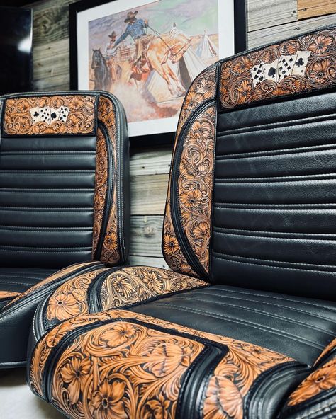 Custom Leather Truck Interior, Head Liner Ideas For Trucks, Custom Upholstery Cars Interiors, Truck Interior Accessories Western, Cow Print Truck Interior, Tooled Leather Steering Wheel Cover, Tooled Leather Truck Interior, Interior Truck Ideas, Truck Decorations Interior Western