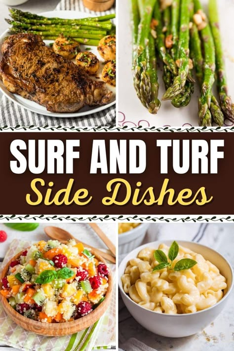 Try these surf and turf side dishes for an unforgettable meal experience! From potatoes to mac and cheese to veggies, each of these dishes is the perfect pairing to beef and shellfish. Surf And Turf Side Dishes Appetizers, Side Dishes For Surf And Turf Dinners, Steak And Shrimp Side Dishes, Surf And Turf Sides, Surf And Turf Dinner Sides, Surf And Turf Party Ideas, Surf And Turf Side Dishes, Surf And Turf Menu Ideas, Surf And Turf Christmas Dinner