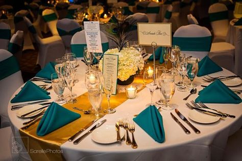 Teal Gold Wedding on Pinterest | Wedding Preparation Photos, Beach ... Teal Gold Wedding, Teal Wedding Theme, Sept Wedding, Teal Napkins, Wedding Preparation Photos, Mehndi Wedding, Gold Wedding Reception, Gold Table Runners, Peacock Wedding Theme