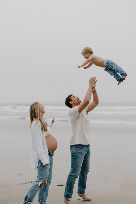 Trending Maternity Photos, Family Beach Pictures Pregnant, Beach Maternity Family Shoot, Maternity Photo Shoot Ideas Beach Family, Beach Toddler Photoshoot, Summer Maternity Photos With Toddler, Maternity Beach Dress, Beach Family Maternity Photoshoot, Family Of 3 Maternity Pictures Beach