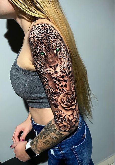 Leopard Sleeve Tattoo, Animal Print Tattoo, Panther Tattoos, Leopard Print Tattoos, Rabe Tattoo, Sleeve Inspiration, Jaguar Tattoo, Animal Sleeve Tattoo, Leopard Tattoos