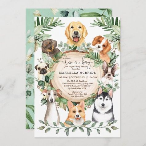 $3.08 | Rustic Greenery Puppy Dogs Boy Baby Shower #watercolor greenery, it's a boy, baby shower, puppy, dogs, pet dog lover, sweet pooch, eucalyptus botanical leaf foliage, rustic wood slice, trendy sweet modern Puppy Baby Shower Theme, Puppy Baby Shower, Dog Baby Shower, Leaf Invitations, Rustic Baby Shower Invitations, Boy Shower Invitations, Woodland Baby Shower Invitations, Watercolor Greenery, Dog Birthday Party