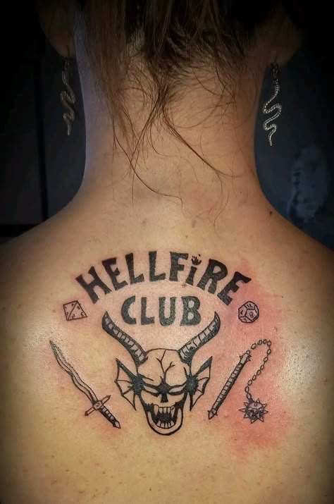 Hellfire Club Hellfire Club Tattoo, Shameless Inspired Tattoos, Eddie Munson Tattoo Ideas, Ahs Tattoo Ideas, Eddie Munson Tattoos, Quotes Tattoo Design, Tattoo Animation, Buffy Tattoo, Animation Tattoo