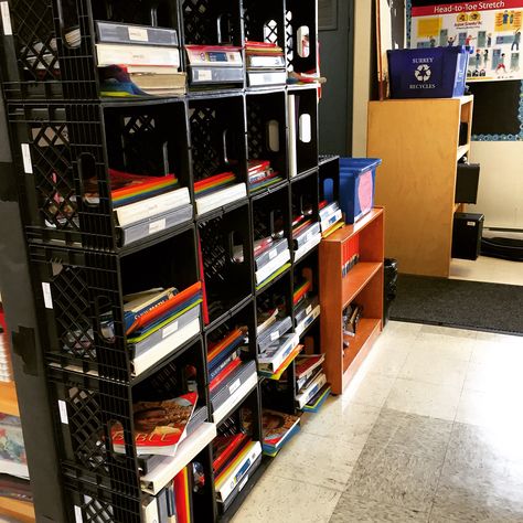 I love teaching in a portable. It lets me get creative with storage "issues." Made these custom cubbies from milk crates! There awesome because they act as storage bins if I ever need to move portables/classrooms. Milk Crate Shelf, Trailer Classroom, Crate Shelves Bedroom, Classroom Bookshelves, Chromebook Storage, Milk Crate Seats, Milk Crate Shelves, Portable Classroom, Milk Crate Storage