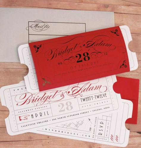 Ticket Style Invitation, Cool Ticket Design, Wedding Ticket Invitation, Vintage Movie Ticket, Movie Ticket Wedding Invitations, Wedding Ticket, Red Ticket, Prom Tickets, Ticket Wedding Invitations