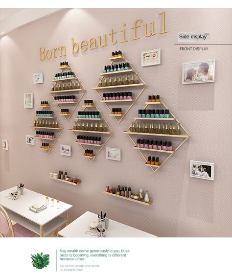 Diamond Shape Golden Nail Polish Organizer Nail Polish Storage Shelf Wall Hanging Cosmetics Shelf Nail Polish Display Rack| | - AliExpress Nail Bar Ideas, Cosmetics Shelf, Nail Polish Wall Rack, Nail Polish Case, Nail Polish Display, Nail Room Ideas, Nail Salon Interior Design, Nail Salon Interior, Spa Room Decor