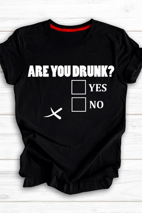 "Add some humor to your next night out with this hilarious 'ARE YOU DRUNK?' graphic shirt. Perfect for parties or casual gatherings, this shirt is sure to turn heads and get people talking. Made from high-quality materials, this alcohol-themed clothing is both comfortable and durable. Whether you're looking for a funny t-shirt to wear out with friends or a novelty fashion item to add to your collection, this shirt is a must-have. Funny Short Sleeve Party Shirt, Trendy Party T-shirt With Funny Print, Party T-shirt With Funny Print, Fun T-shirt With Funny Text For Parties, Funny Summer Shirt, Pre-shrunk, Novelty Fashion, Htv Shirts, Alcohol Humor, 21st Party